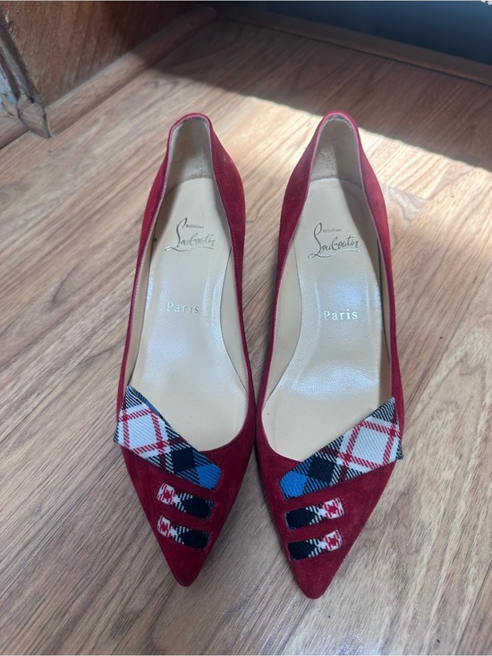 Christian Louboutin Shoes - Christian Louboutin Red Suede Plaid-Trim Pointed Toe Pumps